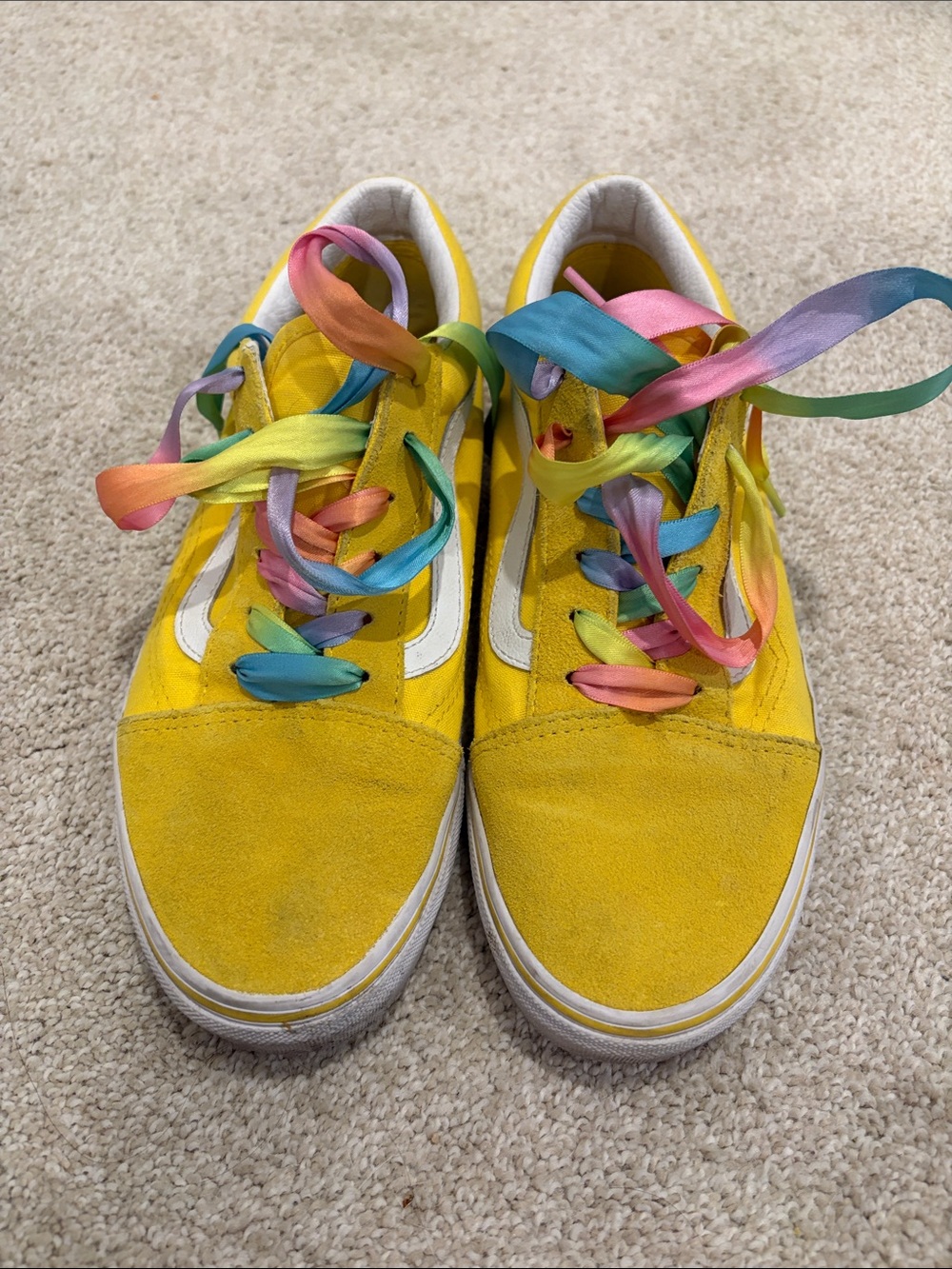 Yellow Suede Sneakers with Rainbow Laces